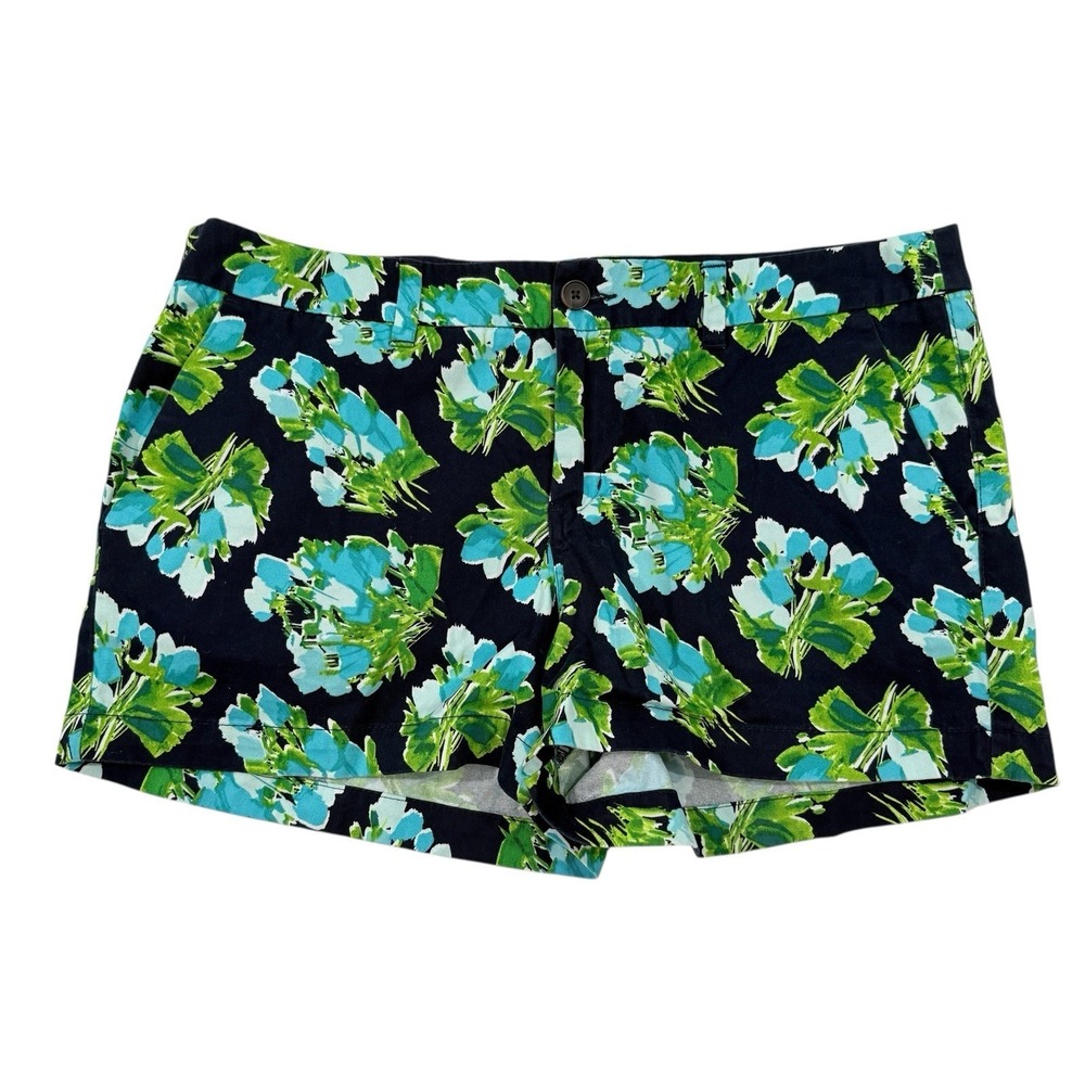 Merona Navy Blue Green Floral Chino Shorts Flat Front 100% Cotton Size 14